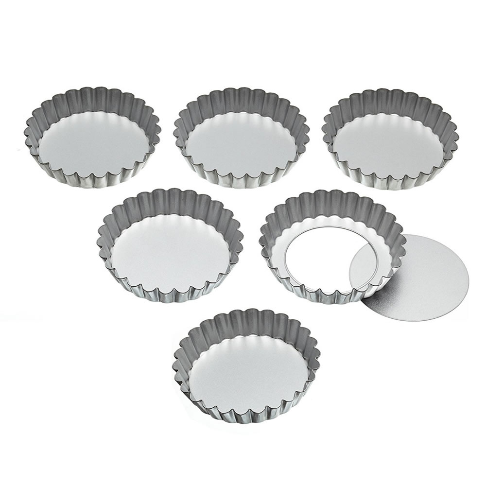 10cm×4+22cm×2 Highkit Non Stick Flan Tin Mini 4 inch / 10 cm X4 and 8.6 inch / 22 cm X2 Fluted Round Pie Tin for Baking Quiche Pie Tartlet Carbon Steel 6 Pack Tart Tins with Loose Base